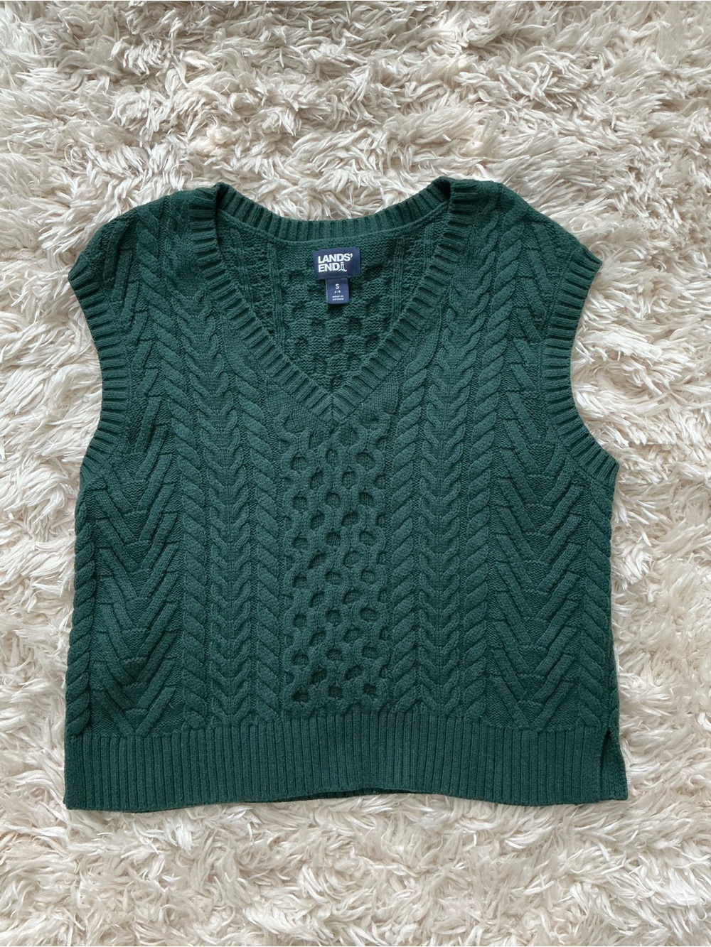 Lands' End Forest Green Cable Knit V-Neck Sweater Vest